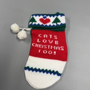 2 Cats Love Christmas Too Stockings Retro Vintage 70/80 Style With Poms Poms